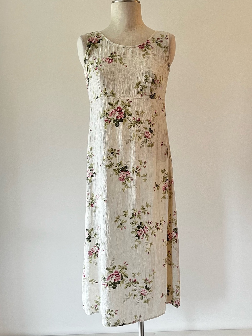 Vintage Sleeveless Cream Floral jacquard Midi Dress with Pink Roses
